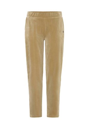 Lichte beige corduroy broek met een gladde textuur, elastische tailleband en zijzakken, met verticale ribbelpatronen in het hele ontwerp.