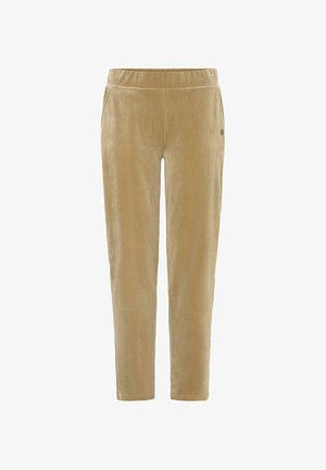 Pantalon en velours côtelé beige clair, avec une texture lisse, une taille élastique et des poches latérales, agrémenté de motifs en relief verticaux sur l'ensemble.