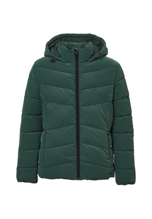 Veste rembourrée verte avec capuche, dotée d'une fermeture éclair à l'avant, d'un motif de surpiqûre en chevron et de détails élastiques aux poignets et à l'ourlet.