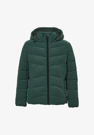 Giacca imbottita verde con cappuccio, caratterizzata da una chiusura frontale con zip, un motivo a chevron e dettagli elastici attorno ai polsini e all'orlo.