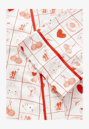 Bawełniana tkanina w czerwono-białą kratkę z ilustracjami wiśni, serc, kwiatów oraz różnymi zabawnymi ikonami.