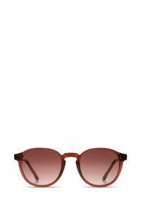 Ronde zonnebrillen met doorzichtige bruine frames en gradient bruine lenzen, vooraanzicht tegen een witte achtergrond.