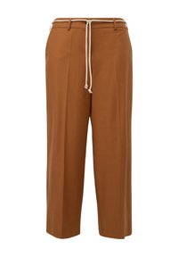 Pantalones marrones de pierna ancha, hechos de tela texturada, que cuentan con un cordón blanco y presillas para cinturón, con pliegues en la parte delantera para un detalle adicional.