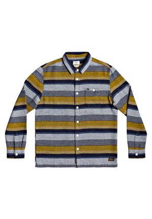 Langarm-Button-up-Hemd mit horizontalen Streifen in Grau, Senfgelb, Marineblau und Schwarz, mit Brusttasche und Kragen.