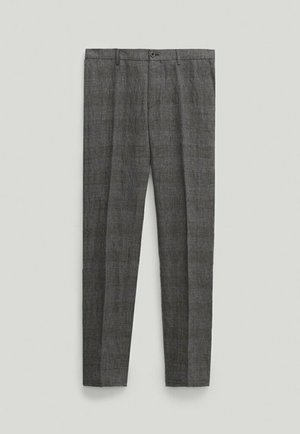 Grijze slim-fit nette broek met knoop aan de voorkant en riemlussen, plat weergegeven op een lichte achtergrond.