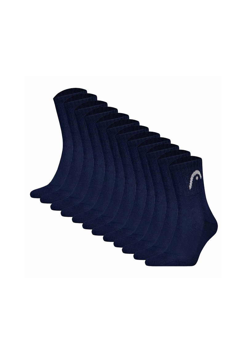 Mörkblå besättningsstrumpor i ett paket med tio, tillverkade av ett mjukt, strukturerat tyg, med en vit logotyp vid fållarna.