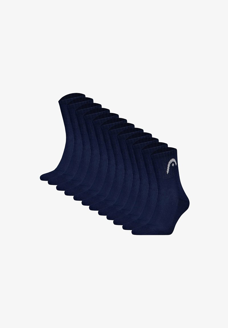 Mörkblå besättningsstrumpor i ett paket med tio, tillverkade av ett mjukt, strukturerat tyg, med en vit logotyp vid fållarna.