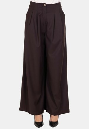 Pantaloni a vita alta larghi di colore marrone scuro con pieghe frontali e chiusura a bottoni, indossati con tacchi a punta neri su uno sfondo semplice.