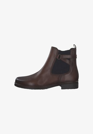 Bottines en cuir marron avec panneaux latéraux élastiques et une sangle décorative. Texture lisse, bout arrondi et petit talon empilé.