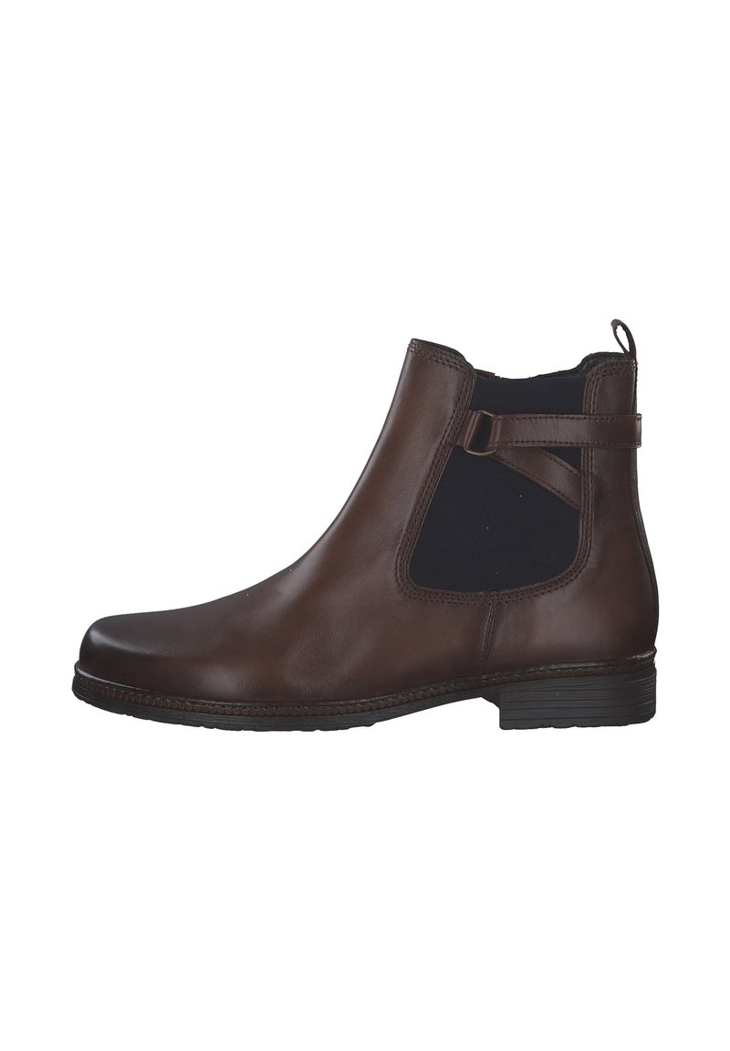 Brown leather ankle boot with elastic side panels and a decorative strap. Smooth texture, rounded toe, and low stacked heel.