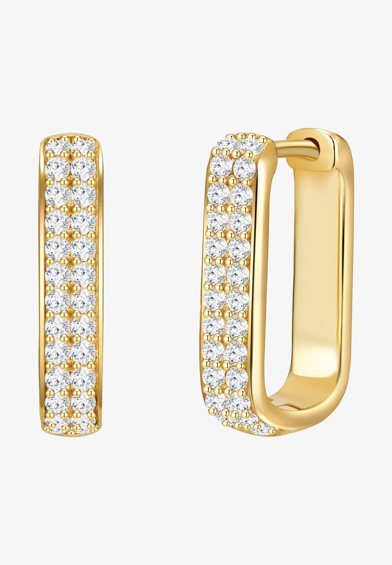 Zlato obarvani uhani v obliki obroča z pravokotno obliko, okrašeni s prozornimi, okroglimi kristali, postavljenimi v vrsti vzdolž zunanjega roba.