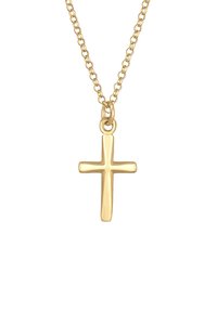 Ciondolo a croce in oro su una collana, caratterizzato da una finitura liscia e lucida e un design geometrico semplice.