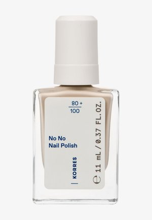 Korres No No Nagellak, 11 ml, glazen fles met een vierkante vorm, beige nagellak, witte dop, blauwe tekstlabel aan de zijkant.