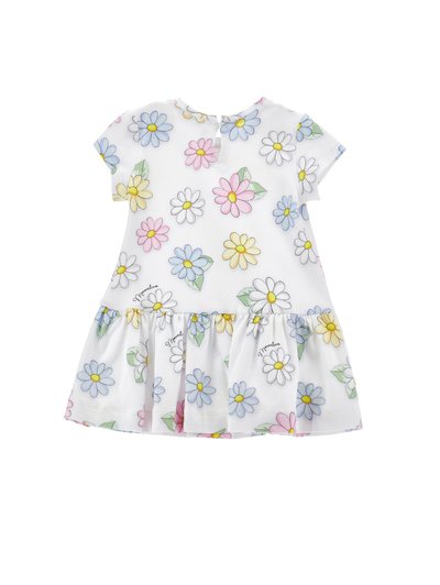 Vestido blanco de manga corta con coloridas margaritas dibujadas a mano en rosa, amarillo, azul y verde. Falda acampanada con detalles fruncidos en el dobladillo.