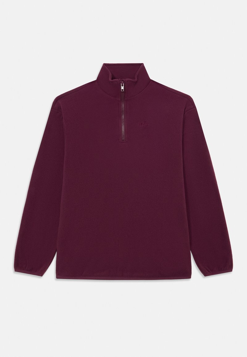 Pulôver de fleece em tom bordeaux, com gola alta, fecho de meia-zíper, mangas longas e um logótipo subtil na parte superior central. Textura suave e lisa.
