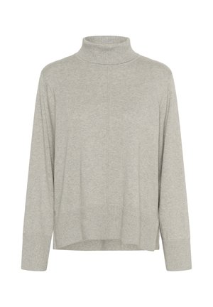 Világosszürke garbó pulóver, kötött textúrával, hosszú ujjak, bordás nyak és szegély, egyenes kivágás, elülső finom varrás részletezéssel.