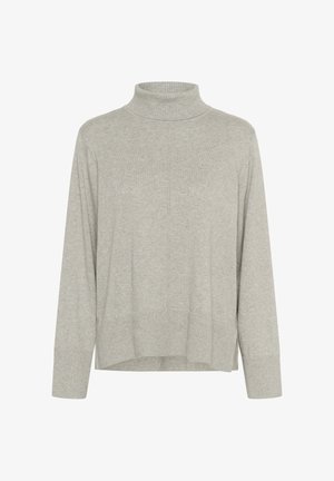 Suéter de cuello alto gris claro, textura de punto, mangas largas, cuello y dobladillo acanalados, corte recto, con sutiles detalles de costura en el frente.