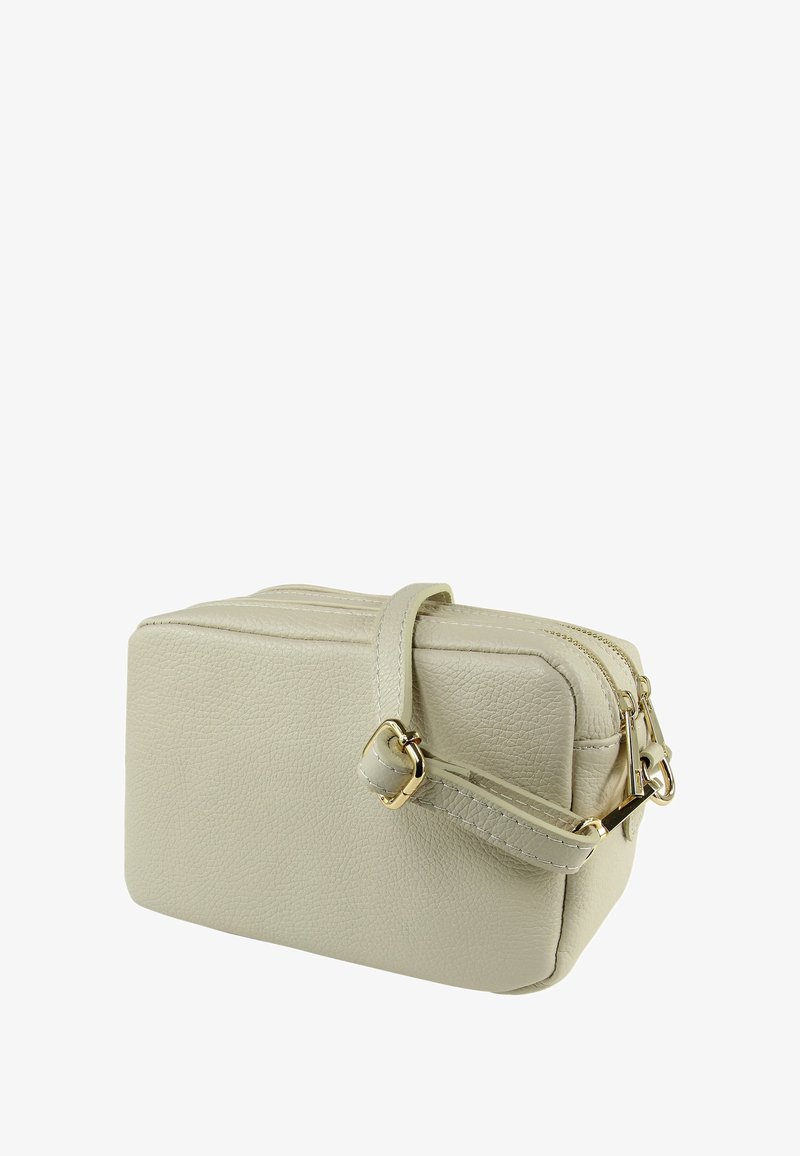 Light beige leather bag with a rectangular shape, dual zip closure, and a detachable shoulder strap featuring gold-tone hardware.