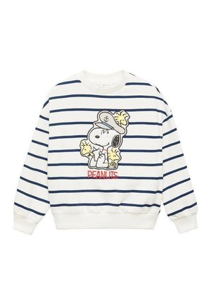 Biała i granatowa bluza w paski z długim rękawem, przedstawiająca Snoopy'ego w kapeluszu kapitana wraz z Woodstockiem oraz napisem „PEANUTS” poniżej.