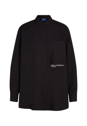 Black button-up shirt, cotton material, long sleeves, chest pocket, features white logo text on the side, straight hem, classic collar.