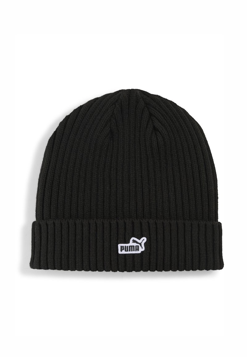 Beanie nera in maglia realizzata in tessuto a costine, con risvolto e un piccolo logo bianco Puma sul fronte.
