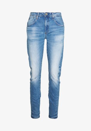 Light blue denim jeans with faded areas, a straight leg design, five pockets, and a front button and zipper closure.