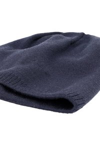 Dark navy knitted beanie, soft texture, rounded shape, and ribbed edge. No visible patterns or accents.