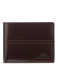 Portefeuille en cuir marron avec une texture lisse, arborant des coutures orange et un logo en relief au coin inférieur. Conception rectangulaire compacte.
