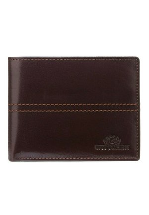 Portefeuille en cuir marron avec une texture lisse, arborant des coutures orange et un logo en relief au coin inférieur. Conception rectangulaire compacte.