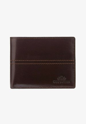 Brown leather wallet with a smooth texture, featuring orange stitching and a debossed logo in the bottom corner. Compact rectangular design.