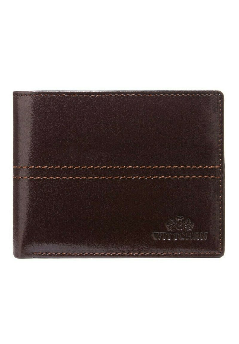 Portefeuille en cuir marron avec une texture lisse, arborant des coutures orange et un logo en relief au coin inférieur. Conception rectangulaire compacte.
