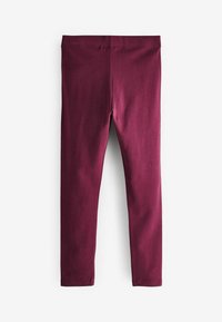 Bordeaux legginsit, valmistatud elastse kangaga, millel on sile tekstuur ja elastne vöökoht, ilma nähtavate mustrite või kaunistusteta.