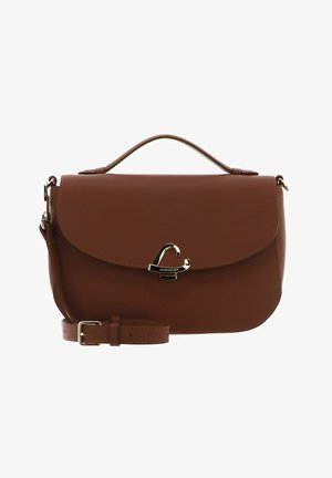 Borsa a tracolla in pelle sintetica marrone con una forma strutturata, chiusura in metallo dorato e tracolla rimovibile. Texture liscia e cuciture minime.