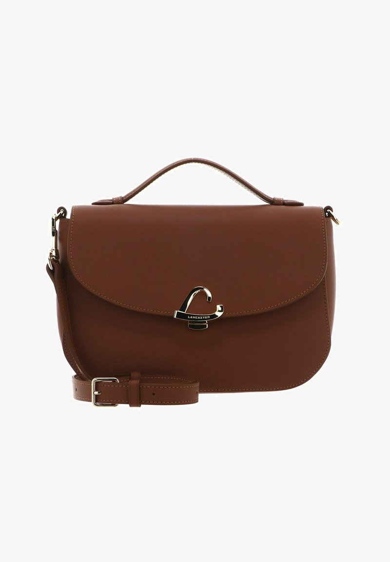 Borsa a tracolla in pelle sintetica marrone con una forma strutturata, chiusura in metallo dorato e tracolla rimovibile. Texture liscia e cuciture minime.