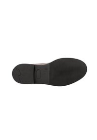 Suela de zapato de goma negra con superficie texturizada, que presenta una puntera redondeada, un patrón circular y un pequeño corte en el área del talón.