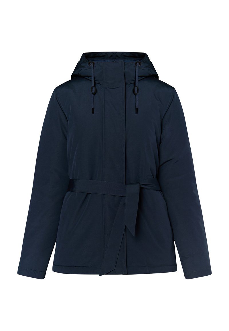 Marineblau isolierte Jacke mit Kapuze, verstellbaren Kordelzügen und design mit Gürtel in der Taille. Glatte Textur, gerade geschnittene Ärmel und keine sichtbare Hardware.