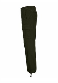 Pantaloni cargo de culoare verde închis, cu o croială ajustată, manșete elastice și buzunare laterale, realizati dintr-un material durabil, cu o textură netedă și un design minimalist.