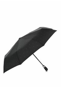 Czarna parasolka w kropkowany wzór, lekki materiał, metalowa rama i zakrzywiona czarna rączka. Otwarta pod kątem, eksponująca wzór.