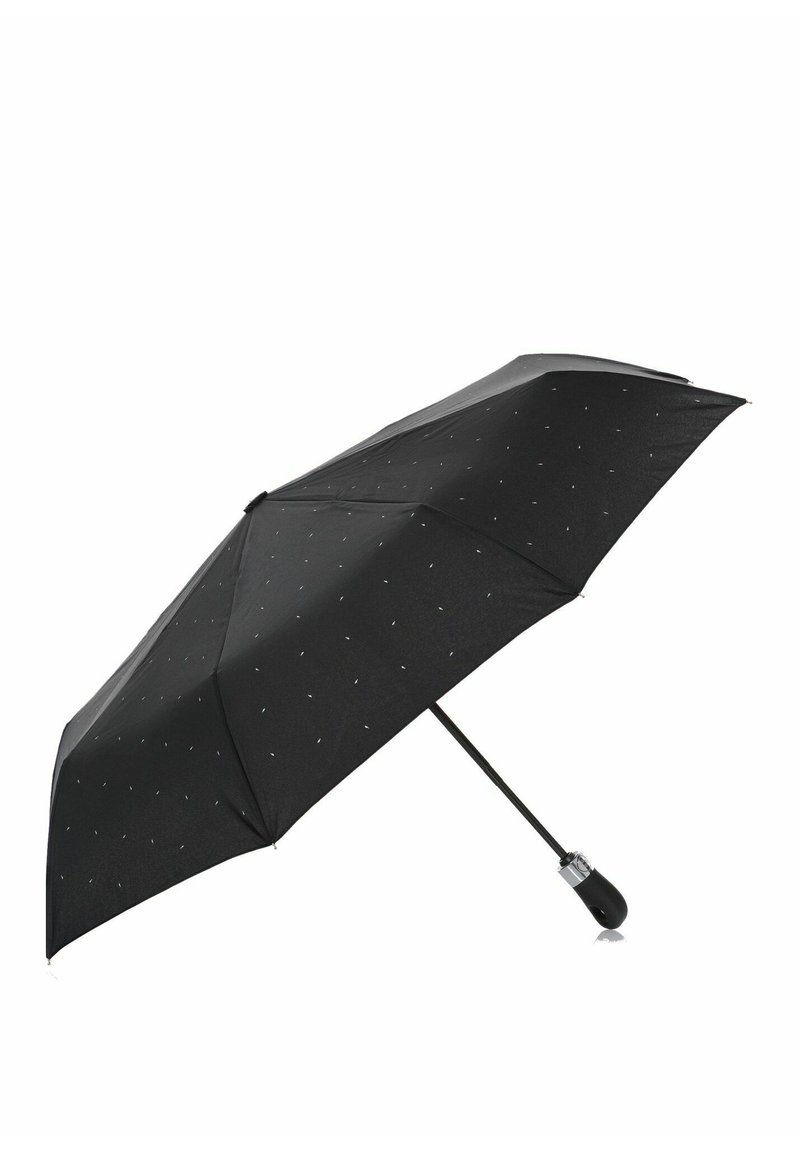 Czarna parasolka w kropkowany wzór, lekki materiał, metalowa rama i zakrzywiona czarna rączka. Otwarta pod kątem, eksponująca wzór.