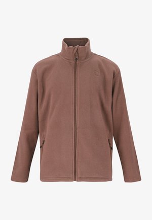Brun fleecejakke med høj krave, fuld lynlåslukning og sidelommer. Har en blød tekstur og et enkelt design uden synlige mønstre.