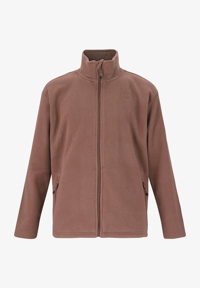 Giacca in pile marrone con colletto alto, chiusura a zip totale e tasche laterali. Caratterizzata da una morbida texture e un design semplice senza pattern visibili.