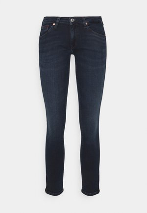 Dark blue slim-fit jeans with front button, zipper, and five-pocket design, displayed against a white background.