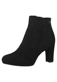 Czarne botki za kostkę z zamszowego materiału, z lekko spiczastym noskiem, masywnym obcasem oraz subtelnymi pionowymi przeszyciami po bokach.