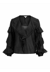 Zwarte blouse met een diepe V-hals, volantaccenten op de mouwen en een vloeiend ontwerp. Gemaakt van lichte stof met een gestructureerde afwerking.
