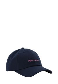 Navy blue cotton cap with curved brim; features pink embroidered text "Avenue de L'amour" on the front; textured fabric.