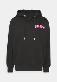 Sweat à capuche noir avec cordons avant aux pointes jaune néon et texte bulle rose "BARROW" sur la poitrine gauche.
