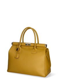 Borsa a mano in pelle gialla con finitura texturizzata, forma strutturata, doppio manico e chiusura con gancio metallico.