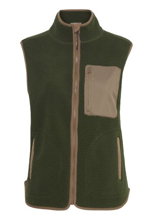 Fleece vest in donkergroen met een hoge kraag, contrasterende beige rits en een voorzak met rits. Bevat zijzakken en een textuurstof.