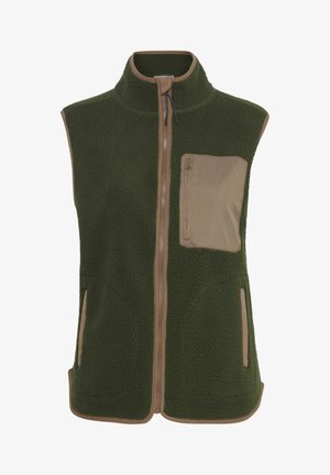 Fleece vest in donkergroen met een hoge kraag, contrasterende beige rits en een voorzak met rits. Bevat zijzakken en een textuurstof.