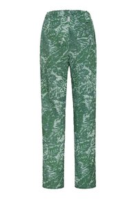 Zielone spodnie w wzory, z elastycznym pasem, teksturowaną tkaniną i nadrukiem liści w różnych odcieniach zieleni.